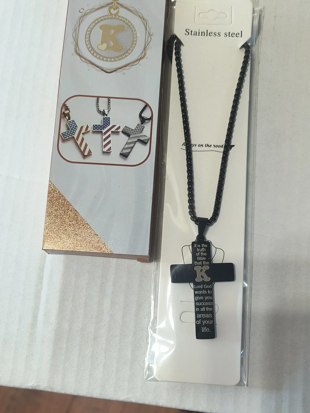 Black Stainless Steel Cross Necklace with 'K' Monogram